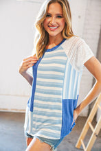 Load image into Gallery viewer, Blue Rib Terry Lace &amp; Stripe Color Block Top