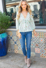 Load image into Gallery viewer, Mint Crepe Seersucker Floral Knotted Woven Blouse