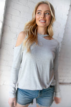 Load image into Gallery viewer, Grey Stripe Cold Shoulder Cut Out Knit Top