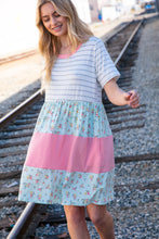 Load image into Gallery viewer, Floral and Stripe Color Block Fit and Flare Rib Dress