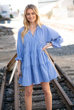 Load image into Gallery viewer, Blue Checkered Cotton Poplin Ruffle Sleeve Woven Dress