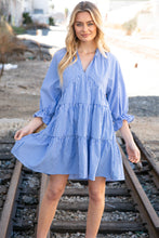 Load image into Gallery viewer, Blue Checkered Cotton Poplin Ruffle Sleeve Woven Dress