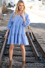 Load image into Gallery viewer, Blue Checkered Cotton Poplin Ruffle Sleeve Woven Dress