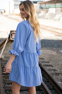 Blue Checkered Cotton Poplin Ruffle Sleeve Woven Dress
