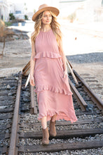 Load image into Gallery viewer, Dusty Rose Halter Neck Hi-Lo Ruffle Tiered Maxi Dress