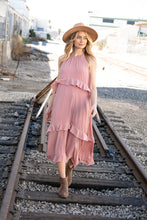 Load image into Gallery viewer, Dusty Rose Halter Neck Hi-Lo Ruffle Tiered Maxi Dress