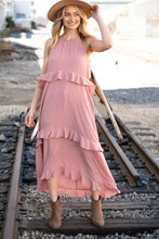 Load image into Gallery viewer, Dusty Rose Halter Neck Hi-Lo Ruffle Tiered Maxi Dress