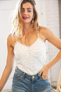 Oatmeal Cotton Blend Boho V Neck Button Tank