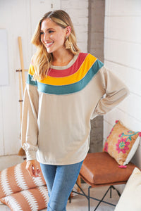 Taupe Terry Rib Color Block Out Seam Detail Pullover