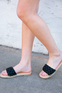Black Chunky Woven Flat Slides Sandals