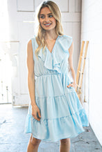 Load image into Gallery viewer, Blue Surplice Tiered Sleeveless Back Bow Woven Dress