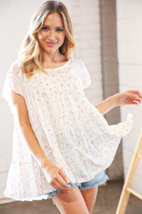 Cream Floral Swiss Dot Tiered Keyhole Flutter Sleeve Top