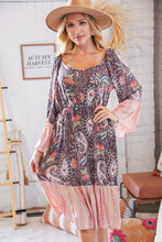Load image into Gallery viewer, Berry Ethnic Paisley Sweet Heart Neck Bell Sleeve Dress