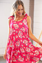 Load image into Gallery viewer, Hot Pink Floral Shoulder Tie Knot Tiered Dress