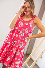 Load image into Gallery viewer, Hot Pink Floral Shoulder Tie Knot Tiered Dress