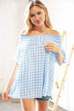Load image into Gallery viewer, Blue Gingham Smocked Button Detail Off Shoulder Top