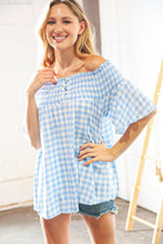 Load image into Gallery viewer, Blue Gingham Smocked Button Detail Off Shoulder Top