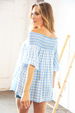 Load image into Gallery viewer, Blue Gingham Smocked Button Detail Off Shoulder Top