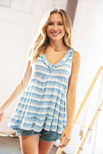 Load image into Gallery viewer, Blue Stripe V Neck Ruffle Hem French Terry Top