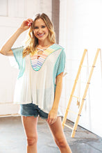 Load image into Gallery viewer, Cream Multi Stripe Lace Up Neck Color Block Top