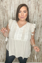 Load image into Gallery viewer, Cream Swiss Dot Crochet Lace Tassel Flutter Sleeve Top