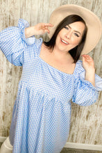 Load image into Gallery viewer, Blue Jacquard Plaid Square Neck Ruffle Sleeve Dress