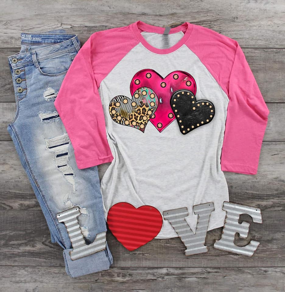 3 Colored Hearts Shirt - Raglan or Short Sleeve